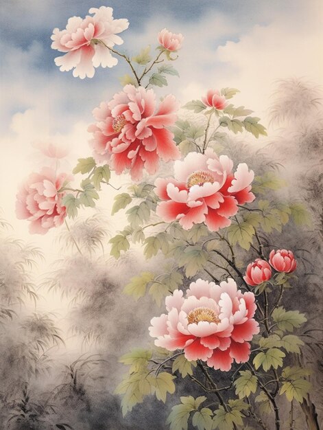 There is a painting of flowers on a wall with a sky background generative ai