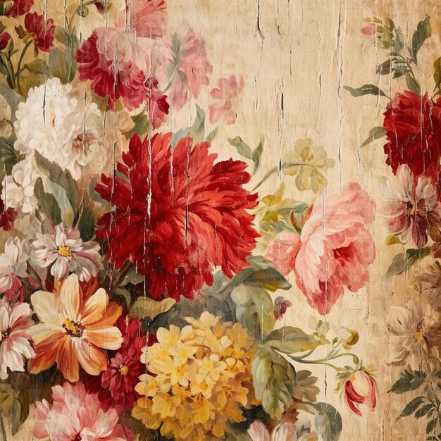 There is a painting of flowers on a wooden surface generative ai