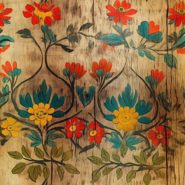Foto c'è un dipinto di fiori su una superficie di legno generativa ai