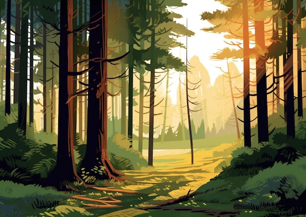 There is a painting of a forest scene with a path generative ai