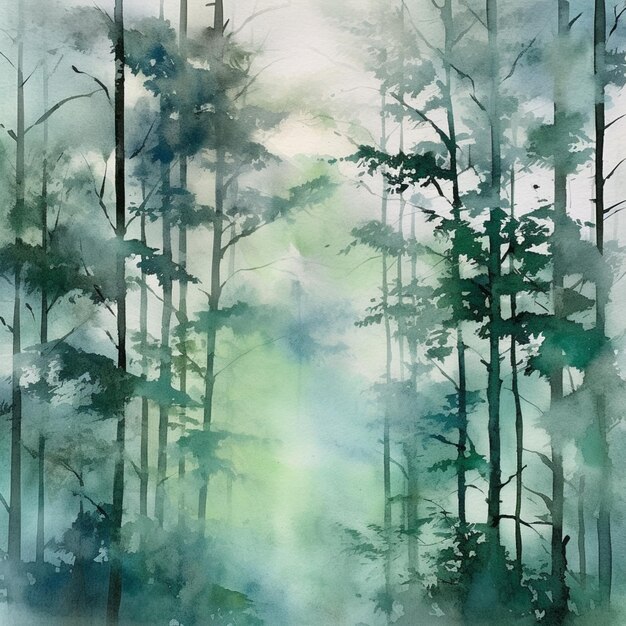 Photo there is a painting of a forest with a bench in the middle ai generative