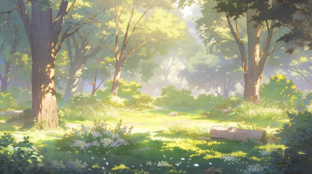 there is a painting of a forest with a bench in the middle generative ai