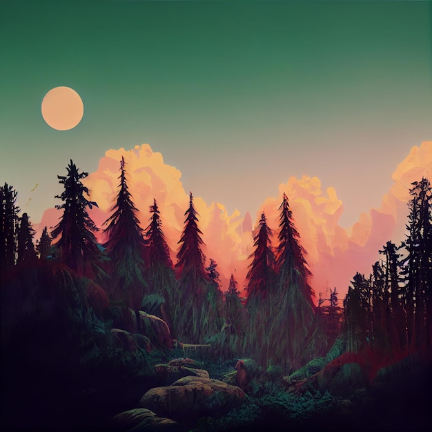 there is a painting of a forest with a full moon in the sky generative ai