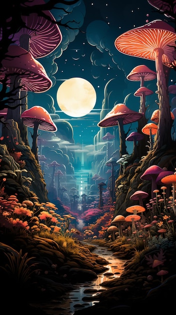 버섯이 있는 숲과 시냇물 생성 ai의 그림이 있습니다.