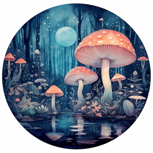 There is a painting of a forest with mushrooms and water generative ai