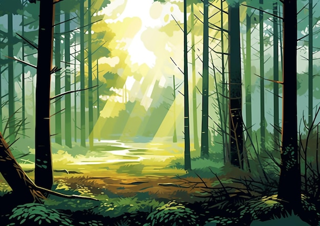 There is a painting of a forest with a path in the middle generative ai