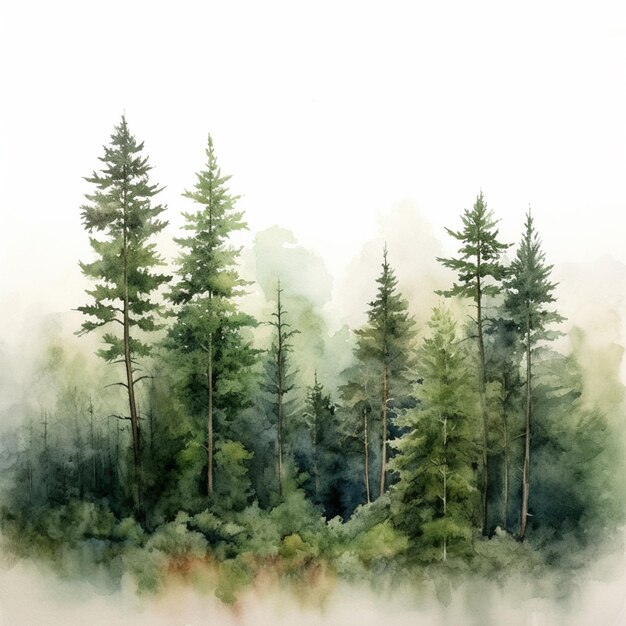 Photo there is a painting of a forest with trees in the background generative ai