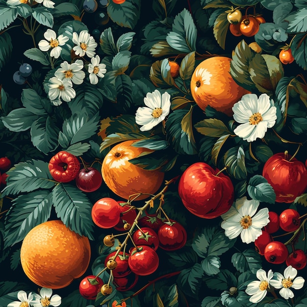 there is a painting of fruit and flowers on a black background generative ai