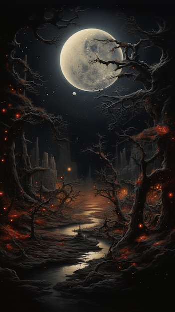 there is a painting of a full moon over a forest generative ai