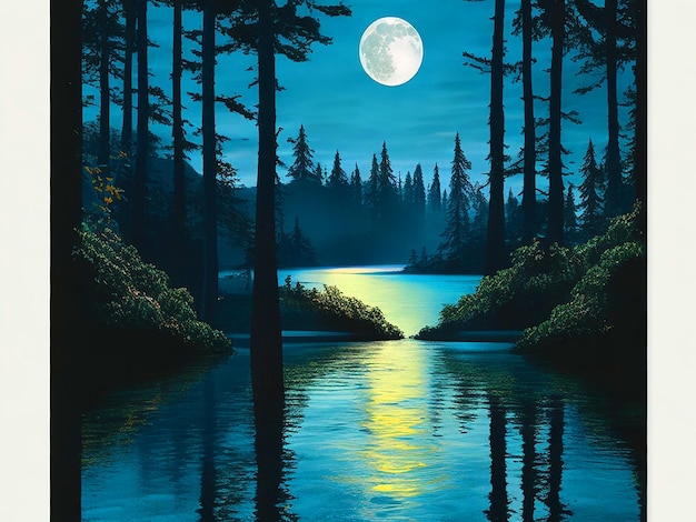 満月が川の上に描かれている絵