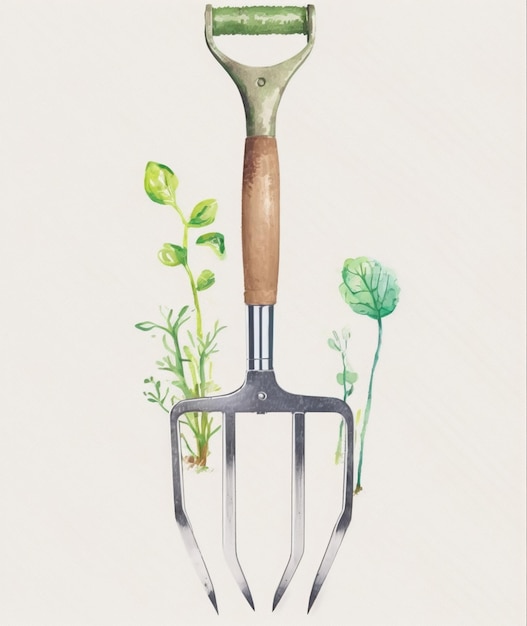 Photo there is a painting of a garden fork with a plant growing out of it generative ai
