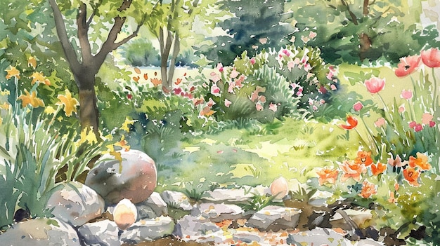 Photo there is a painting of a garden with flowers and rocks generative ai
