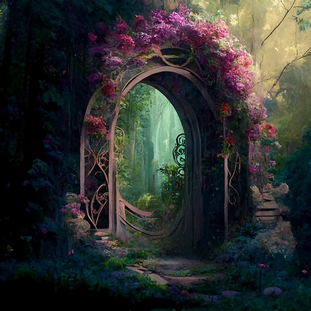 There is a painting of a garden with a gate and flowers generative ai