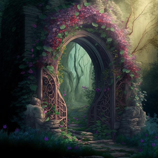 There is a painting of a gate in a forest with flowers generative ai