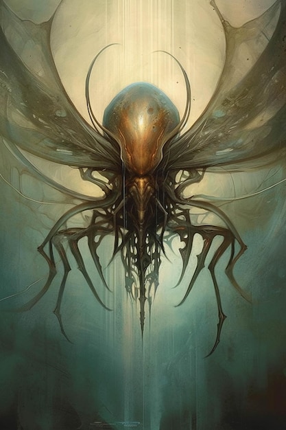 There is a painting of a giant alien creature with a large head generative ai