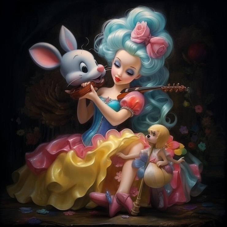 Photo there is a painting of a girl playing a violin with a bunny generative ai