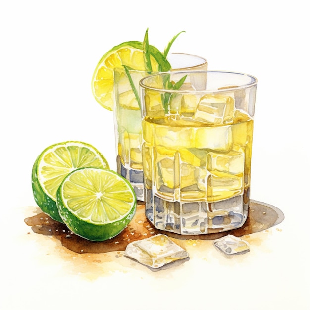 There is a painting of a glass of lemonade and a lime generative ai