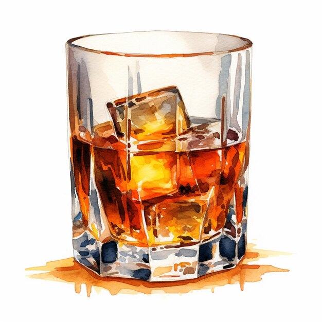 There is a painting of a glass of whiskey with ice cubes generative ai