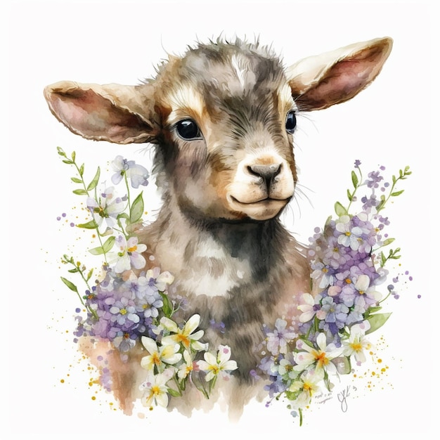 周りに花を咲かせたヤギの絵があります。生成 AI