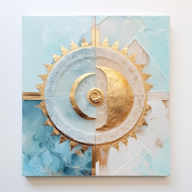 there is a painting of a gold and blue sun on a white wall generative ai