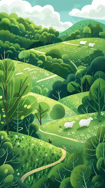 羊が放牧している緑の風景の絵があります