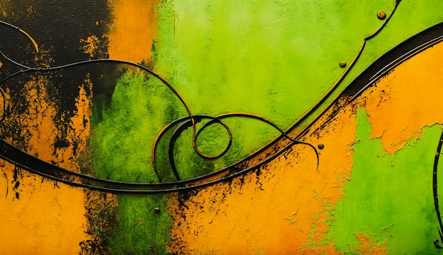 There is a painting of a green and yellow swirl on a wall generative ai