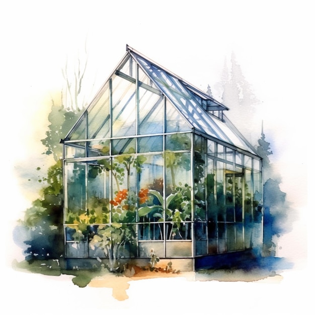 Photo there is a painting of a greenhouse with a cat inside generative ai