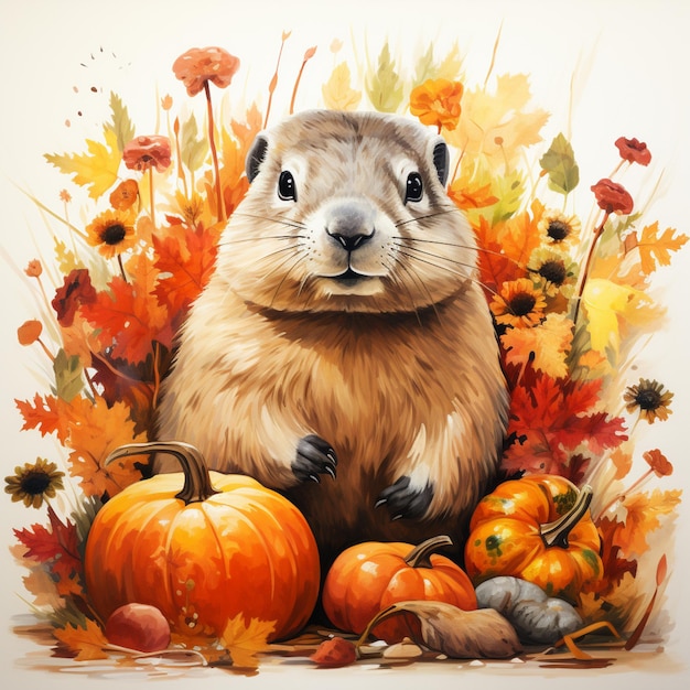 There is a painting of a groundhog with pumpkins and flowers generative ai