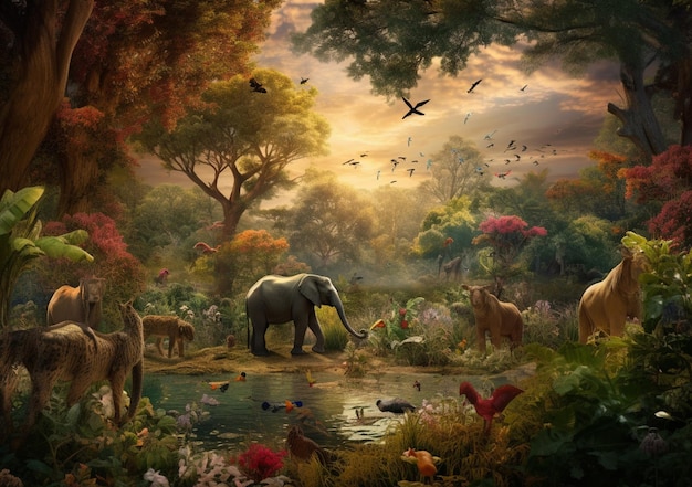 There is a painting of a group of animals in a forest generative ai