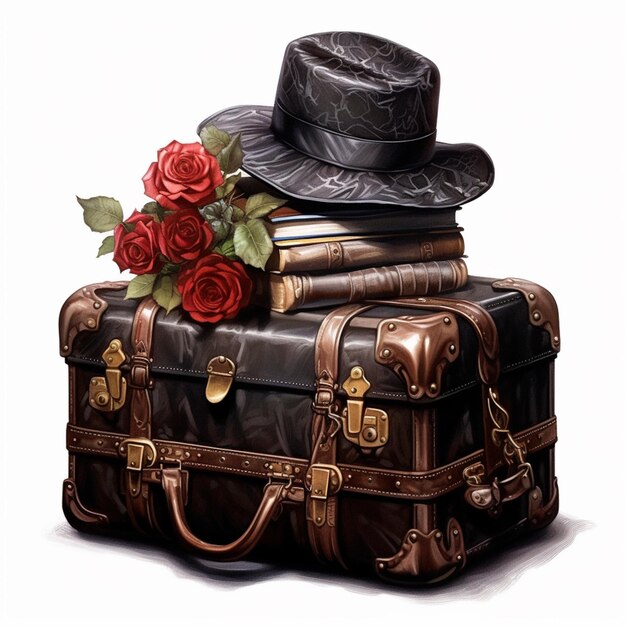 There is a painting of a hat and a suitcase with roses generative ai