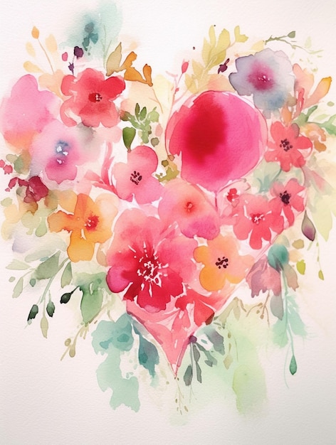 There is a painting of a heart made of flowers on a white background generative ai