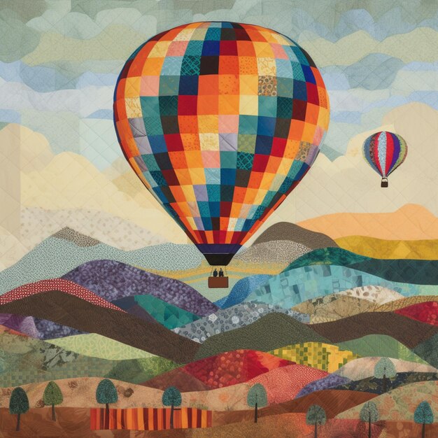 There is a painting of a hot air balloon flying over a mountain generative ai