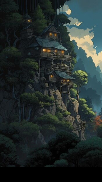 there is a painting of a house on a cliff with a tree generative ai