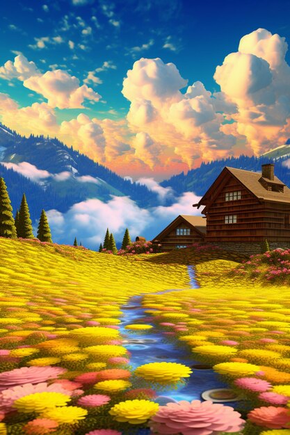 There is a painting of a house in a field with flowers generative ai