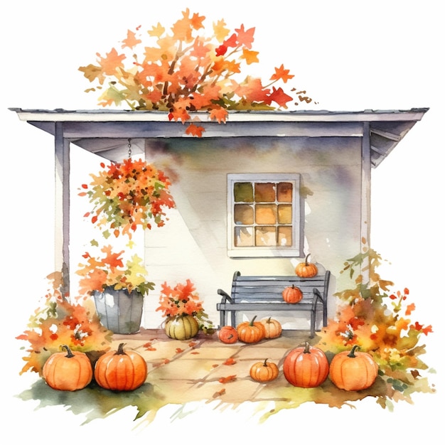 there is a painting of a house with pumpkins and a bench generative ai
