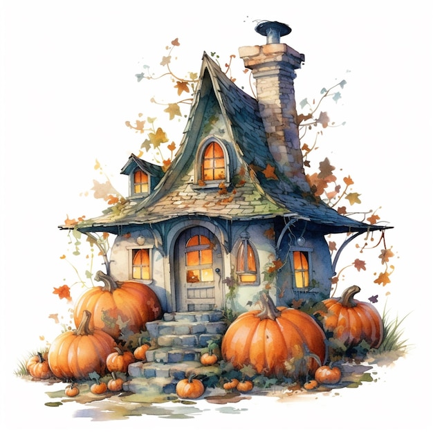 there is a painting of a house with pumpkins on the ground generative ai