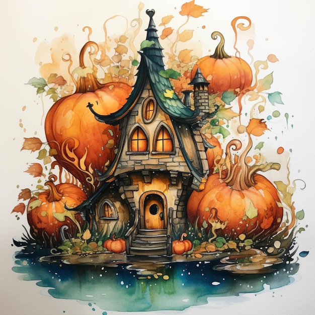 There is a painting of a house with pumpkins and leaves generative ai