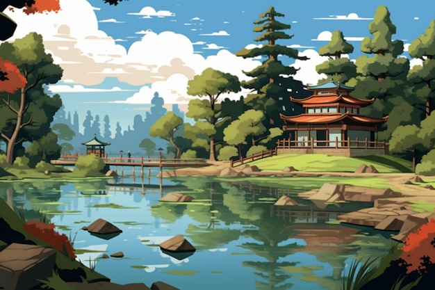 There is a painting of a japanese house by the water generative ai