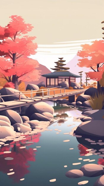 there is a painting of a japanese landscape with a bridge generative ai