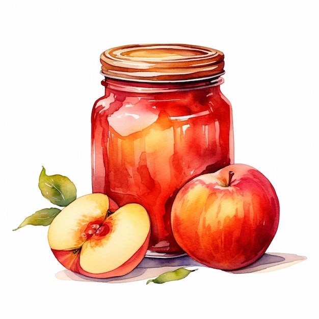 there is a painting of a jar of jam with a peach and a half of an apple generative ai