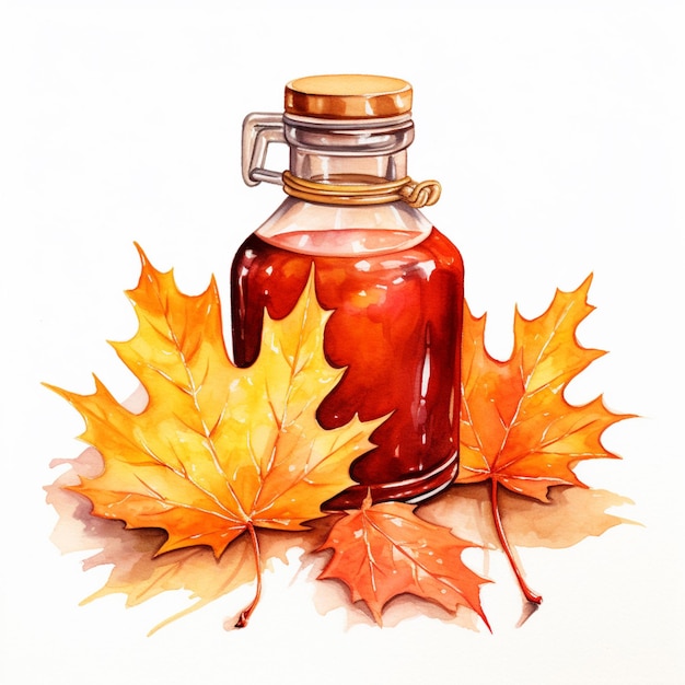 Photo there is a painting of a jar of maple syrup and maple leaves generative ai