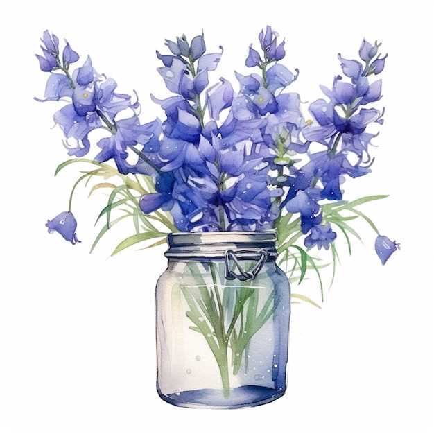 there is a painting of a jar with blue flowers in it generative ai