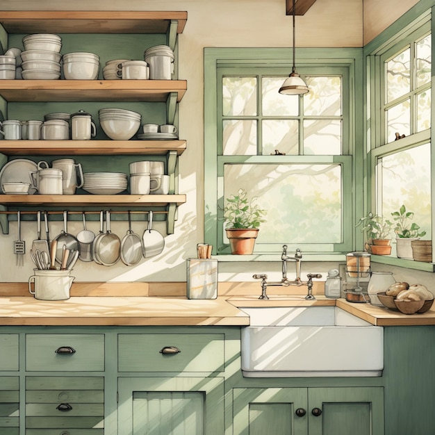 there is a painting of a kitchen with green cabinets and a sink generative ai