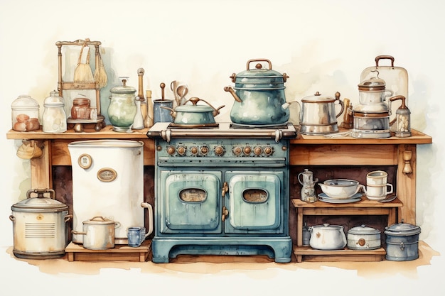 there is a painting of a kitchen with a stove and pots generative ai