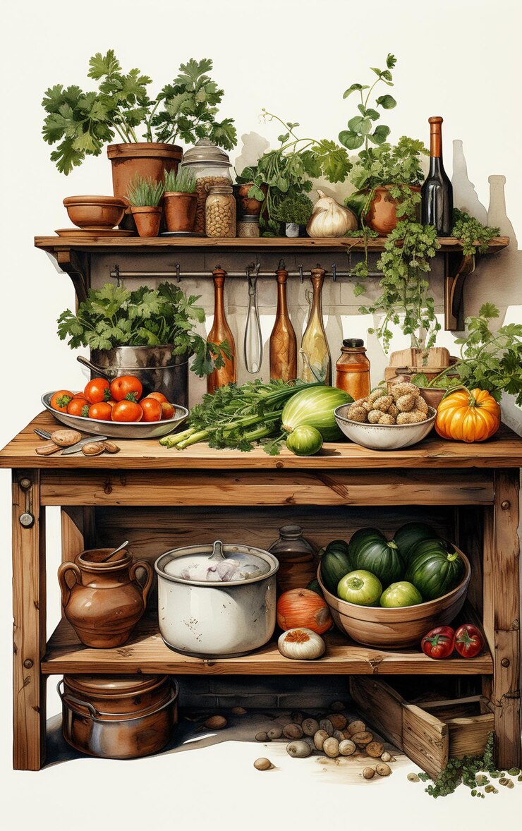 Photo there is a painting of a kitchen with a table full of vegetables generative ai