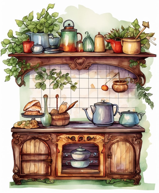 木製のキャビネットと棚のあるキッチンの絵があります