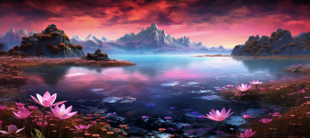 There is a painting of a lake with flowers in it generative ai