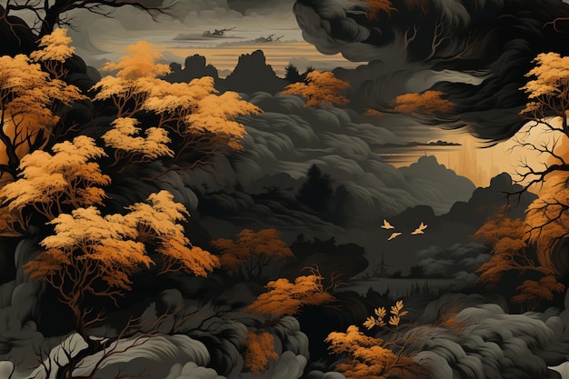 there is a painting of a landscape with trees and birds generative ai