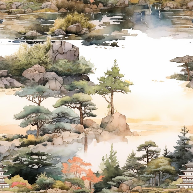 there is a painting of a landscape with trees and a building generative ai