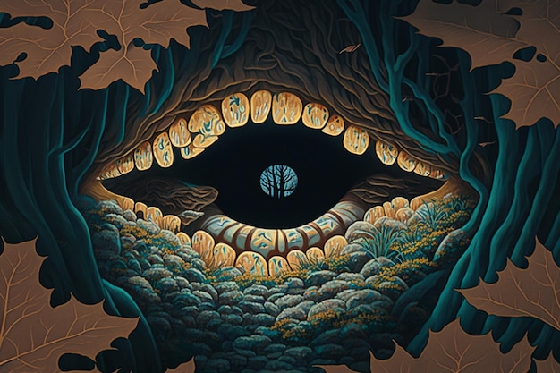 大きな目を描いた絵 背景に木が描かれている